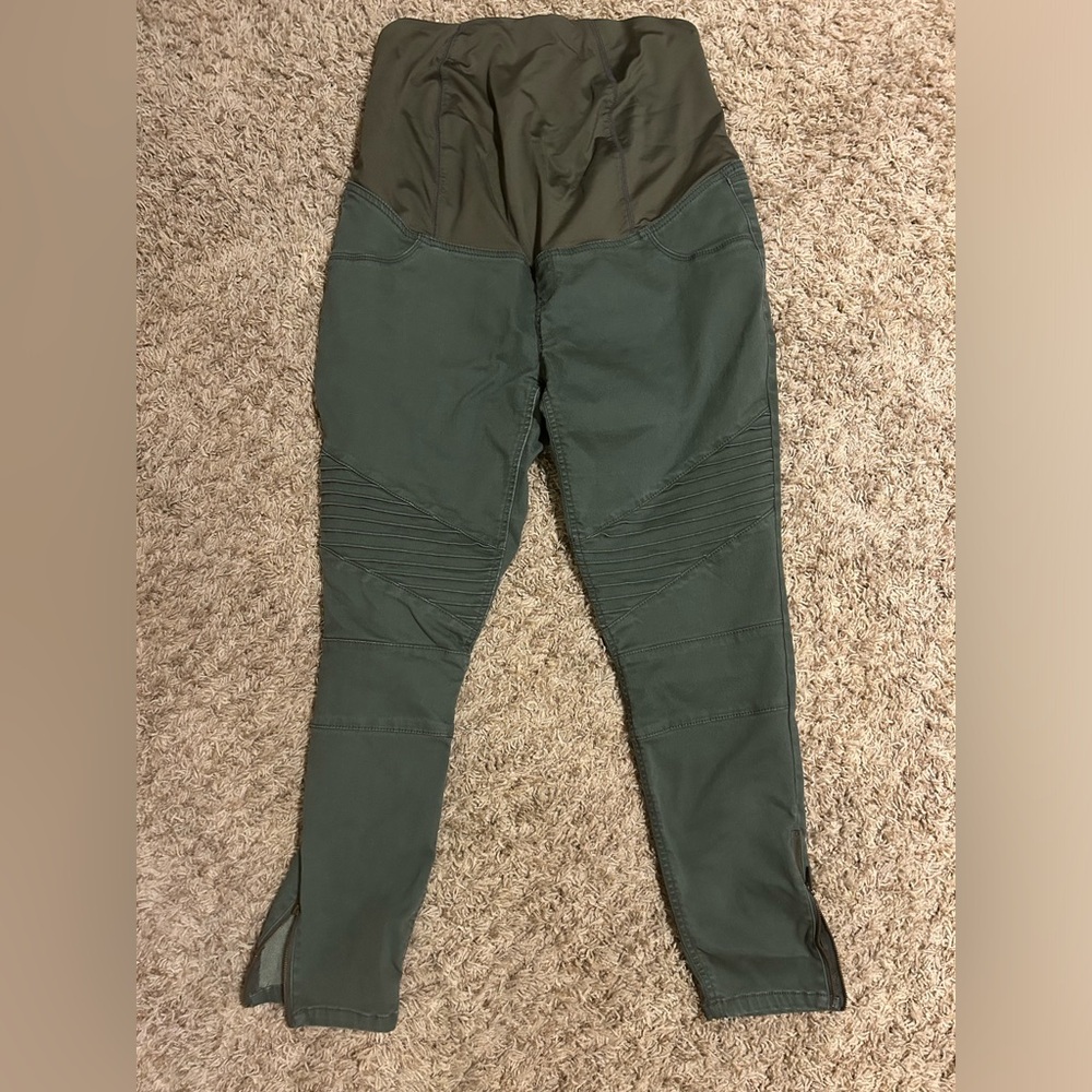 Isabel Maternity Full Panel Over Belly Moto Zip Ankle Olive Green Jeggings
